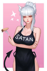 Rule 34 | 1girl, apron, arms under breasts, bad id, bad pixiv id, bare arms, bare shoulders, black apron, blunt bangs, blush, breasts, cleavage, clothes writing, collarbone, commentary, cowboy shot, crossed arms, demon girl, demon horns, demon tail, fingernails, food, fork, helltaker, highres, holding, holding fork, horns, large breasts, lerio (leriodraws), long hair, looking at viewer, lucifer (helltaker), mole, mole under eye, nail polish, naked apron, pancake, pink background, red eyes, red nails, smile, solo, sparkle, standing, tail, two-tone background, white background, white hair, white horns