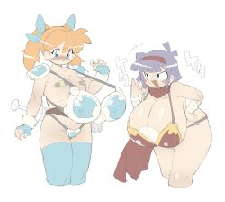 Rule 34 | 2girls, absurdres, ahoge, armor, bandages, bare shoulders, bikini armor, blue bow, blue eyes, blush, bow, breast envy, breasts, earrings, flat chest, gloves, hairband, highres, huge breasts, jewelry, laughing, multiple girls, open mouth, orange hair, oversized clothes, pasties, pout, purple hair, sakana888888888, scarf, short hair, shoulder armor, sword, tears, thighhighs, twintails, weapon, white background, wrist wrap