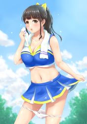 Rule 34 | 1girl, :o, black hair, blue skirt, blue sky, blunt bangs, blush, bow, bow panties, breasts, brown eyes, cheerleader, cleavage, cloud, cloudy sky, contrapposto, day, hair bow, hand up, highres, hip focus, holding, holding clothes, holding skirt, large breasts, long hair, looking at viewer, midriff, navel, open mouth, original, outdoors, panties, panty pull, ponytail, sidelocks, skirt, sky, solo, standing, sweat, towel, towel around neck, underwear, white panties, yellow bow, yurashima