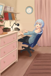 Rule 34 | 1girl, absurdres, ahoge, blue eyes, blue hair, chair, frame arms girl, highres, long hair, looking at viewer, office chair, open mouth, sitting, soanote, solo, stylet, swivel chair, twintails