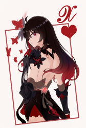 Rule 34 | 1girl, absurdres, antenna hair, back, black gloves, bug, butterfly, card, gloves, glowing, hair between eyes, heart, highres, honkai (series), honkai impact 3rd, insect, long hair, looking at viewer, looking back, origami-hui, playing card, red butterfly, red eyes, red hair, seele (alter ego), seele vollerei, seele vollerei (starchasm nyx), solo, white background