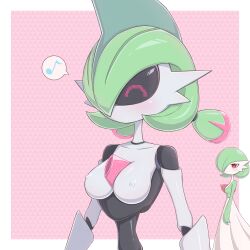 Rule 34 | 2girls, ^ ^, arm at side, black sclera, black skin, blue hair, blush, bob cut, border, breasts, closed eyes, collarbone, colored sclera, colored skin, creatures (company), female focus, game freak, gardevoir, gen 3 pokemon, green hair, green skin, hair over one eye, half-closed eyes, highres, humanoid robot, iron valiant, looking at another, medium breasts, mohawk, multicolored hair, multicolored skin, multiple girls, musical note, nintendo, nipples, no mouth, one eye covered, outside border, pink background, pixel eyes, pokemon, pokemon (creature), red eyes, red hair, robot, short hair, simple background, solo focus, speech bubble, spoken musical note, standing, twintails, two-tone skin, upper body, white border, white skin, x (zvkm7328)