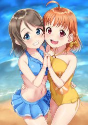 Rule 34 | 10s, 2girls, absurdres, ahoge, bad id, bad pixiv id, beach, bikini, bikini skirt, blue bikini, blue eyes, braid, casual one-piece swimsuit, clover hair ornament, cowboy shot, day, grey hair, grin, hair ornament, holding hands, highres, looking at viewer, love live!, love live! sunshine!!, multiple girls, ocean, one-piece swimsuit, open mouth, orange hair, qwyte, red eyes, ribbon, short hair, side braid, smile, standing, swimsuit, takami chika, teeth, upper teeth only, watanabe you, water, wavy hair, yellow ribbon, yellow one-piece swimsuit