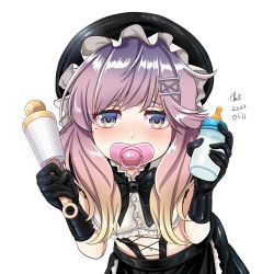 Rule 34 | 1girl, artist name, black gloves, blush, buttons, dated, gloves, hair ornament, hairclip, holding, kantai collection, long hair, mole, mole under eye, navel, purple hair, signature, simple background, solo, tk8d32, tsushima (kancolle), upper body, white background, yellow eyes