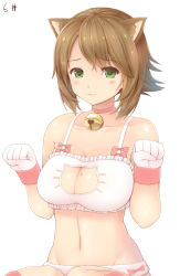 Rule 34 | 10s, 1girl, :3, alternate costume, animal ears, bad id, bad pixiv id, bell, blush, bow, bow panties, breasts, brown hair, cat cutout, cat ears, cat lingerie, choker, cleavage cutout, closed mouth, clothing cutout, collarbone, eyebrows, frills, gloves, green eyes, hands up, highres, jingle bell, kantai collection, large breasts, looking at viewer, meme attire, mole, mole on breast, mutsu (kancolle), navel, neck bell, panties, paw pose, pink bow, pink ribbon, rapids (opsc), ribbon, short hair, simple background, sitting, solo, stomach, swept bangs, underwear, underwear only, upper body, white background, white gloves, white panties, wrist cuffs