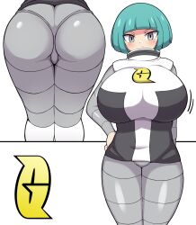Rule 34 | 1girl, aqua hair, ass, blunt bangs, blush, bob cut, breasts, closed mouth, creatures (company), female focus, game freak, grey eyes, hand on own hip, highres, huge breasts, jaga334, legs together, logo, long sleeves, looking at viewer, multiple views, nintendo, pokemon, pokemon dppt, short hair, simple background, solo, standing, team galactic, team galactic grunt, team galactic uniform, uniform, white background