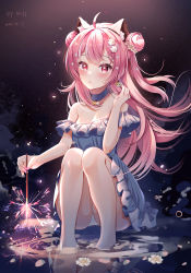 Rule 34 | 1girl, ahoge, animal ear fluff, animal ears, bare shoulders, barefoot, blue choker, blue dress, blush, breasts, cat ears, choker, cleavage, collarbone, double bun, dress, earrings, fireworks, flower, frilled dress, frills, full body, hair bun, hair flower, hair ornament, hand up, highres, jewelry, knees up, looking at viewer, miaogujun, night, off-shoulder dress, off shoulder, open mouth, original, outdoors, panties, pantyshot, pink hair, red eyes, reflection, sidelocks, signature, sitting, sky, sleeveless, sleeveless dress, small breasts, soaking feet, solo, sparkler, star (sky), starry sky, underwear, water, white panties