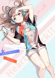 Rule 34 | 1girl, absurdres, almic, arm up, artist self-reference, blue eyes, blush, bra, brown hair, character print, commentary, digital media player, hatsune miku, hatsune miku (cameo), headphones, highres, long hair, looking at viewer, lying, on back, original, panties, revision, shirt, short shorts, shorts, signature, solo, t-shirt, underwear, vocaloid, white bra, white panties