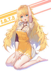 Rule 34 | 1girl, :p, absurdres, alternate costume, apron, barefoot, blonde hair, blouse, blush, breasts, character name, closed mouth, collared shirt, girls&#039; frontline, green eyes, hair between eyes, hairband, hand on own head, highres, homong, long hair, looking at viewer, medium breasts, messy hair, orange hairband, revision, s.a.t.8 (girls&#039; frontline), shirt, short sleeves, sidelocks, simple background, sitting, smile, solo, striped clothes, striped shirt, thighs, tongue, tongue out, very long hair, wariza, white background, wristband