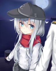Rule 34 | 1girl, admiral (kancolle), anchor symbol, black hat, black skirt, blue eyes, blurry, blurry foreground, blush, closed mouth, commentary request, depth of field, enpera, flat cap, fukiaki, full moon, hair between eyes, hat, hibiki (kancolle), horizon, jacket, kantai collection, long hair, long sleeves, looking at viewer, military jacket, moon, night, night sky, ocean, outdoors, pier, pleated skirt, red scarf, scarf, silver hair, skirt, sky, sleeves past wrists, smile, solo focus, very long hair, water, white jacket