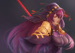 Rule 34 | 1girl, birkai, breasts, fate/grand order, fate (series), grey background, hair between eyes, heart, hood, large breasts, long hair, long sleeves, looking at viewer, parted lips, polearm, purple hair, red eyes, scathach (fate), scathach (fate), simple background, solo, spear, upper body, very long hair, weapon