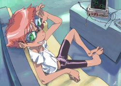 Rule 34 | 1girl, androgynous, blush stickers, computer, couch, cowboy bebop, dark-skinned female, dark skin, donnpati, edward wong hau pepelu tivrusky iv, goggles, highres, monitor, orange hair, short hair, sitting, smile, solo, toes