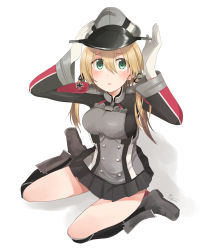 Rule 34 | 10s, 1girl, anchor hair ornament, black legwear, black skirt, blonde hair, blush, boots, breasts, cross, full body, gloves, green eyes, hair ornament, hand on own head, hat, highres, iron cross, kantai collection, large breasts, long sleeves, looking at viewer, military, military hat, military uniform, oomori (kswmr), peaked cap, pleated skirt, prinz eugen (kancolle), simple background, sitting, skirt, solo, twintails, uniform, wariza, white background, white gloves