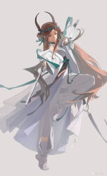 Rule 34 | 1girl, absurdres, arknights, brown hair, chinese commentary, coat, commentary request, frown, green ribbon, head chain, highres, holding, holding sword, holding weapon, horns, jewelry, jieyun (arknights), jieyun (away from dust) (arknights), leg up, looking at viewer, official alternate costume, pants, ribbon, shirt, simple background, solo, standing, standing on one leg, strapless, sword, tube top, weapon, weibo watermark, white background, white coat, white footwear, white pants, white shirt, yellow eyes, yuyumu