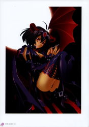 Rule 34 | 1girl, absurdres, black hair, boots, breasts, carnelian, cleavage, copyright request, dark-skinned female, dark skin, demon girl, demon horns, demon wings, gem, highres, horns, jewelry, looking at viewer, nail polish, red eyes, red ribbon, ribbon, short hair, sitting, solo, thigh boots, thighhighs, tiara, wings
