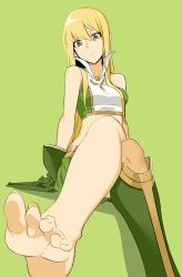 Rule 34 | 1girl, arm support, bad id, bad pixiv id, barefoot, blonde hair, boots, crop top, crossed legs, curious, doko tetora, feet, foot focus, gloves, green background, green footwear, green gloves, green shirt, highres, long hair, looking at viewer, midriff, original, shirt, shoes, simple background, single boot, single shoe, soles, solo, toenails, toes, yellow eyes
