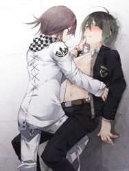 Rule 34 | 2boys, against wall, ahoge, belt, between legs, black hair, black pants, blush, brown belt, brown hair, checkered clothes, checkered scarf, collared shirt, danganronpa (series), danganronpa v3: killing harmony, feet out of frame, grey background, grey jacket, grey pants, hand on another&#039;s chin, highres, jacket, looking at another, male focus, multiple boys, navel, nipples, oma kokichi, open clothes, open jacket, open shirt, pants, saihara shuichi, scarf, shirt, smile, standing, striped clothes, striped jacket, striped pants, sumika (rrz03), teeth, thumb to mouth, white background, yaoi