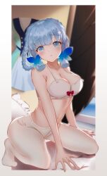 Rule 34 | absurdres, arm support, ayaka (genshin impact), blue eyes, blue hair, blunt bangs, blunt tresses, blurry, blurry background, bow, bow bra, bra, braid, braided hair rings, breasts, butterfly hair ornament, cleavage, collarbone, commentary request, flower, genshin impact, hair flower, hair ornament, hair rings, highres, indoors, kamisato ayaka, kamisato ayaka (springbloom missive), kneeling, large breasts, light blue hair, looking at viewer, navel, official alternate costume, official alternate hairstyle, on bed, open mouth, outside border, pantyhose, pillow, short hair, snowishing, underwear, white bra, white pantyhose
