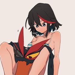 Rule 34 | 1girl, 320 (romsen), arm support, bad id, bad twitter id, black hair, black shirt, blouse, blue bra, blue eyes, bra, closed mouth, commentary, grey background, hair up, highres, kill la kill, leaning back, light frown, living clothes, long sleeves, looking at another, looking down, matoi ryuuko, motion lines, multicolored hair, neckerchief, red hair, red neckerchief, school uniform, senketsu, serafuku, shirt, short hair, simple background, sitting, solo, straddling, streaked hair, striped bra, striped clothes, symbol-only commentary, twitter username, two-tone hair, underwear, underwear only, unworn shirt