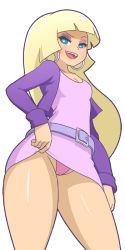 Rule 34 | 1girl, belt, blonde hair, blue eyes, blunt bangs, breasts, cleavage, clothes lift, contrapposto, dress, dress lift, earrings, gravity falls, heart, heart-shaped pupils, hoop earrings, jacket, jewelry, long hair, makeup, microdress, mike inel, open mouth, pacifica northwest, panties, pantyshot, pink dress, pink panties, purple jacket, raised eyebrow, small breasts, smile, solo, symbol-shaped pupils, transparent background, underwear