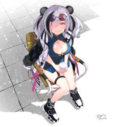 Rule 34 | 1girl, animal ears, arknights, black hair, blush, breasts, china dress, chinese clothes, cleavage, cleavage cutout, clothing cutout, dated, dress, eyewear on head, fang, feater (arknights), female focus, from above, hair over one eye, highres, jacket, large breasts, leg belt, looking at viewer, multicolored clothes, multicolored coat, multicolored hair, multicolored jacket, panda ears, pink eyes, purple-tinted eyewear, round eyewear, silver hair, sitting, smile, solo, streaked hair, sunglasses, sunglasses on head, thighs, tinted eyewear, two-tone coat, two-tone jacket, weshika