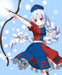 Rule 34 | 1girl, arrow (projectile), blue eyes, bow, bow (weapon), braid, drawing bow, dress, frilled dress, frills, hair bow, hat, highres, holding bow (weapon), long braid, long hair, nurse cap, ruu (tksymkw), short sleeves, silver hair, solo, touhou, very long hair, weapon, white bow, yagokoro eirin