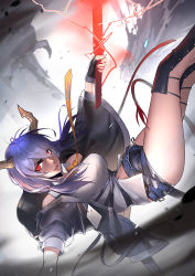 Rule 34 | 1girl, absurdres, arknights, bare shoulders, belt, black jacket, black shorts, blue hair, ch&#039;en (arknights), dragon horns, dragon tail, falling, fingerless gloves, gloves, hair between eyes, highres, holding, holding sword, holding weapon, horns, jacket, kuro saki, loose necktie, midriff, multicolored neckwear, multiple belts, multiple swords, necktie, neckwear request, parted lips, red eyes, shin guards, shirt, short shorts, shorts, sleeveless, sleeveless shirt, sword, tail, thighs, weapon, yellow neckwear
