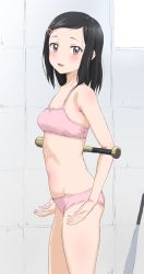 Rule 34 | 1girl, :d, bare arms, bare shoulders, baseball bat, black hair, blush, bow, bow panties, bra, breasts, brown eyes, cleavage, collarbone, commentary request, fujii chisato, groin, hair ornament, hairclip, highres, indoors, long hair, looking at viewer, major 2nd, metal baseball bat, navel, open mouth, panties, pink bra, pink panties, sincos, small breasts, smile, solo, standing, swept bangs, underwear, underwear only