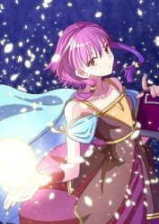 Rule 34 | 1girl, boo cipher, book, braid, cape, fire emblem, fire emblem: the sacred stones, holding, holding book, looking at viewer, lute (fire emblem), nintendo, purple hair, red eyes, snow, snowflakes, snowing, solo