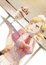 Rule 34 | 10s, 1girl, bad id, bad pixiv id, blonde hair, breasts, cccpo, cleavage, drill hair, dutch angle, food, hair ornament, ice cream, mahou shoujo madoka magica, mahou shoujo madoka magica (anime), navel, open mouth, parfait, solo, tomoe mami, tray, twin drills, twintails, waitress, yellow eyes