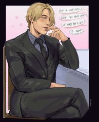 Rule 34 | 1boy, absurdres, black pants, black suit, blonde hair, blue eyes, blue shirt, crossed legs, formal, highres, jewelry, nic (attckher), on chair, one piece, pants, pinstripe pattern, pinstripe shirt, ring, sanji (one piece), shirt, sitting, speech bubble, striped, suit, table, talking