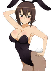Rule 34 | 10s, 1girl, animal ears, arm up, armpits, bare arms, bare shoulders, black leotard, black pantyhose, blush, breasts, brown eyes, brown hair, cleavage, collarbone, covered navel, cowboy shot, fake animal ears, fake tail, female focus, girls und panzer, hair between eyes, hand on own hip, highleg, highres, kagemusha, large breasts, leotard, looking at viewer, neck, nishizumi maho, pantyhose, playboy bunny, rabbit ears, rabbit tail, shiny skin, short hair, shy, smile, solo, standing, strapless, strapless leotard, tail, white background