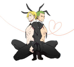 Rule 34 | 2boys, abs, alternate costume, animal ears, ass-to-ass, back-to-back, bare pectorals, blonde hair, cropped jacket, facial hair, frown, full body, goatee, green hair, high heels, latex, latex legwear, locked arms, long sideburns, male focus, male playboy bunny, meme attire, multiple boys, one piece, pantyhose, pectorals, rabbit ears, reverse bunnysuit, reverse outfit, roronoa zoro, sanji (one piece), short hair, shrug (clothing), sideburns, taro (honyarara00), toned, toned male, white background
