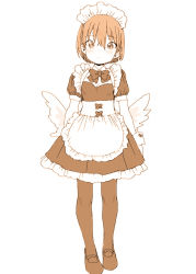 Rule 34 | 1girl, apron, bow, bowtie, dress, expressionless, female focus, frilled dress, frills, full body, looking at viewer, low wings, maid, maid apron, maid headdress, monochrome, original, pantyhose, ponsuke (pon00000), sepia, shoes, short hair, solo, standing, wings, wrist cuffs