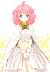 Rule 34 | 0321 sheep, 1girl, blue eyes, breasts, fingerless gloves, gloves, highres, long hair, midriff, navel, pink hair, rance (series), rance 02, sengoku rance, sill plain, simple background, smile, solo, v arms