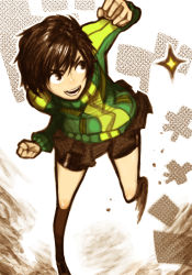 Rule 34 | atlus, bad id, bad pixiv id, bike shorts, clenched hand, clenched hands, foreshortening, jacket, mekanika, motion blur, persona, persona 4, raised fist, satonaka chie, short hair, skirt, smile, solo, star (symbol), tomboy