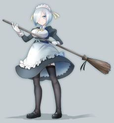 Rule 34 | 10s, 1girl, alternate costume, alternate legwear, apron, blue eyes, breasts, broom, comah, dress, enmaided, full body, garter straps, gloves, gradient background, hair ornament, hair over one eye, hairclip, hamakaze (kancolle), kantai collection, maid, maid apron, maid headdress, short hair, silver hair, simple background, smile, solo, standing, thighhighs, white gloves