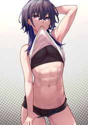 Rule 34 | 1girl, abs, arm behind head, armpits, bare shoulders, black bra, black hair, black panties, black shorts, blue hair, bra, breasts, clothes in mouth, clothes lift, clothes pull, colored inner hair, crossed bangs, ear piercing, earrings, highres, ichinose uruha, jewelry, long hair, looking at viewer, medium breasts, mouth hold, multicolored hair, muscular, muscular female, navel, open clothes, open shorts, panties, piercing, purple eyes, shirt in mouth, shirt lift, short shorts, shorts, shorts pull, solo, stomach, streaked hair, stud earrings, tank top, toned, underwear, uso ashio, virtual youtuber, vspo!, white tank top