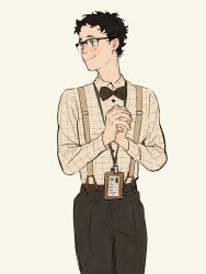 Rule 34 | 1boy, black bow, black bowtie, black hair, black pants, bow, bowtie, brown eyes, chengongzi123, closed mouth, collared shirt, cowboy shot, glasses, haikyuu!!, highres, id card, lanyard, long sleeves, looking to the side, male focus, own hands together, pants, shirt, short hair, simple background, smile, standing, suspenders, takeda ittetsu, very short hair, yellow background