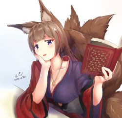 Rule 34 | 1girl, amagi (azur lane), animal ears, azur lane, book, breasts, brown hair, cleavage, commentary request, dated, fox ears, fox tail, hand on own cheek, hand on own face, hand on own head, head rest, head tilt, highres, holding, holding book, japanese clothes, jewelry, kimino, kimono, kitsune, kyuubi, large breasts, long sleeves, looking at viewer, multiple tails, necklace, open mouth, ornate ring, pendant, purple eyes, ring, s.claw, simple background, smile, solo, tail, wedding ring, white background, wide sleeves