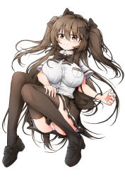 Rule 34 | 1girl, black bow, black footwear, blush, bow, breasts, brown bow, brown eyes, brown hair, brown skirt, brown thighhighs, collared shirt, commentary request, dress shirt, full body, hair between eyes, hair bow, knees together feet apart, knees up, large breasts, loafers, looking at viewer, lying, macchiato (jae-min cho), on back, original, panties, pleated skirt, school uniform, shirt, shoes, short sleeves, simple background, skirt, solo, thighhighs, two side up, underwear, white background, white panties, white shirt