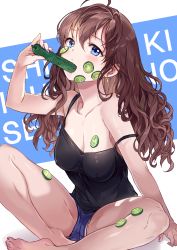 Rule 34 | 1girl, ahoge, barefoot, black tank top, blue eyes, breasts, brown hair, character name, cleavage, collarbone, commentary request, covered erect nipples, cucumber, cucumber slice, earrings, eating, food, food on body, food on face, highres, holding, holding food, ichinose shiki, idolmaster, idolmaster cinderella girls, idolmaster cinderella girls starlight stage, jewelry, long hair, looking at viewer, md5 mismatch, medium breasts, nail polish, pink nails, resolution mismatch, saya (mychristian2), short shorts, shorts, sitting, solo, source larger, spread legs, strap slip, tank top, wavy hair
