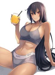 Rule 34 | 1girl, black hair, breasts, cleavage, closed mouth, clothes writing, collarbone, cowboy shot, cup, drink, drinking straw, hair between eyes, highres, holding, holding cup, kantai collection, kasumi (skchkko), large breasts, long hair, nagato (kancolle), navel, orange eyes, smile, solo, sports bra, underwear, underwear only, white background