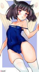 Rule 34 | 1girl, absurdres, ahoge, aiuti, areola slip, black hair, blue one-piece swimsuit, bob cut, cameltoe, cleft of venus, clothes pull, feet out of frame, gluteal fold, headgear, highres, name tag, one-piece swimsuit, one-piece swimsuit pull, purple eyes, short hair, solo, swimsuit, thighhighs, touhoku kiritan, twitter username, voiceroid, white thighhighs
