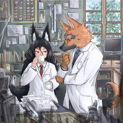 Rule 34 | 1boy, 1girl, absurdres, animal ears, beaker, beetle, black hair, blue necktie, blush, book, book stack, bookshelf, breast pocket, bug, butterfly, coat, computer, cup, day, dog, dog ears, dog tail, doitsuken, drinking, fox ears, fox tail, furry, furry male, glasses, grasshopper, hand on own chin, highres, holding, holding cup, indoors, insect, lab coat, laboratory, long hair, long sleeves, looking down, microscope, monitor, monster boy, mug, necktie, note, open book, original, pen, photo (object), pocket, red eyes, red necktie, rhinoceros beetle, standing, stool, tail, test tube, tree, vial, white coat, window