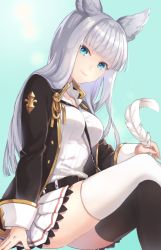 Rule 34 | 1girl, animal ears, asymmetrical legwear, belt, between breasts, black jacket, black thighhighs, blue background, blue eyes, blunt bangs, breasts, closed mouth, crossed legs, erune, feathers, granblue fantasy, highres, holding, invisible chair, jacket, kon (k0n16), korwa, long hair, long sleeves, looking at viewer, medium breasts, miniskirt, mismatched legwear, open clothes, open jacket, pleated skirt, shirt, simple background, sitting, skirt, sleeve cuffs, smile, solo, straight hair, thighhighs, thighs, white hair, white shirt, white skirt, white thighhighs