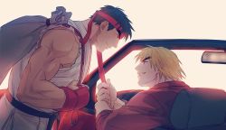 Rule 34 | 2boys, absurdres, bad id, bad twitter id, bara, bare shoulders, black hair, blush, capcom, cat, dougi, eye contact, from side, headband, highres, ken masters, looking at another, lying, male focus, mature male, multiple boys, muscular, muscular male, on back, profile, pulling another&#039;s clothes, red shirt, ryu (street fighter), shirt, short hair, sitting, smile, spiked hair, street fighter, street fighter ii (series), thick eyebrows, torn clothes, torn shirt, white shirt, yaoi, yuiofire