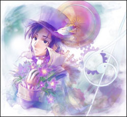 Rule 34 | 1boy, backlighting, black border, border, bouquet, elbow gloves, expressionless, feathers, flower, formal, frederic chopin (trusty bell), frilled sleeves, frills, fuju, gears, gloves, gradient background, hand on own chest, hat, hat feather, long sleeves, looking up, lowres, male focus, parted lips, purple eyes, purple hair, purple hat, solo, suit, top hat, trusty bell, upper body, white background