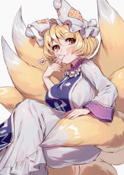 Rule 34 | 1girl, animal ears, blonde hair, blush, closed mouth, dress, fox ears, fox tail, hat, heart, highres, holding, holding paper, long sleeves, masanaga (tsukasa), mob cap, multiple tails, paper, short hair, simple background, smile, solo, spoken heart, tabard, tail, talisman, touhou, unfinished dream of all living ghost, white background, white dress, white hat, yakumo ran, yellow eyes