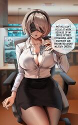 Rule 34 | 1girl, 2b (nier:automata), absurdres, black hairband, black skirt, blindfold, blush, breasts, buttoned cuffs, buttons, cleavage, clothes lift, collarbone, collared shirt, contemporary, covered eyes, dress, dress lift, dress shirt, english text, facing viewer, foxyreine, hairband, hand up, highres, indoors, lanyard, large breasts, long sleeves, mole, mole under mouth, nier:automata, nier (series), office lady, on chair, open mouth, pantyhose, pencil skirt, shirt, short hair, sitting, skirt, solo, speech bubble, white hair, white shirt